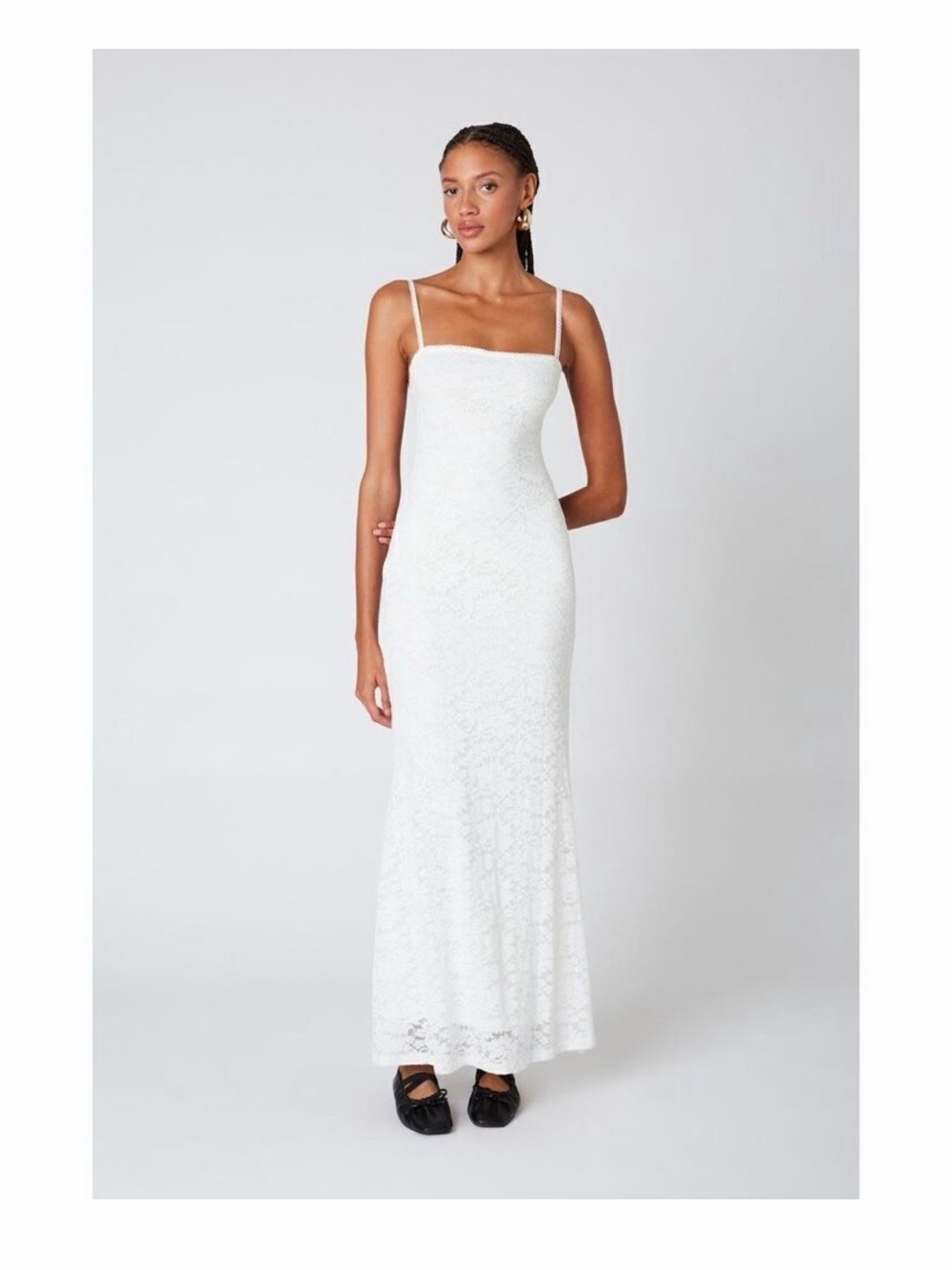 White Lace Maxi Slip Dress with Spaghetti Straps and Square Neck